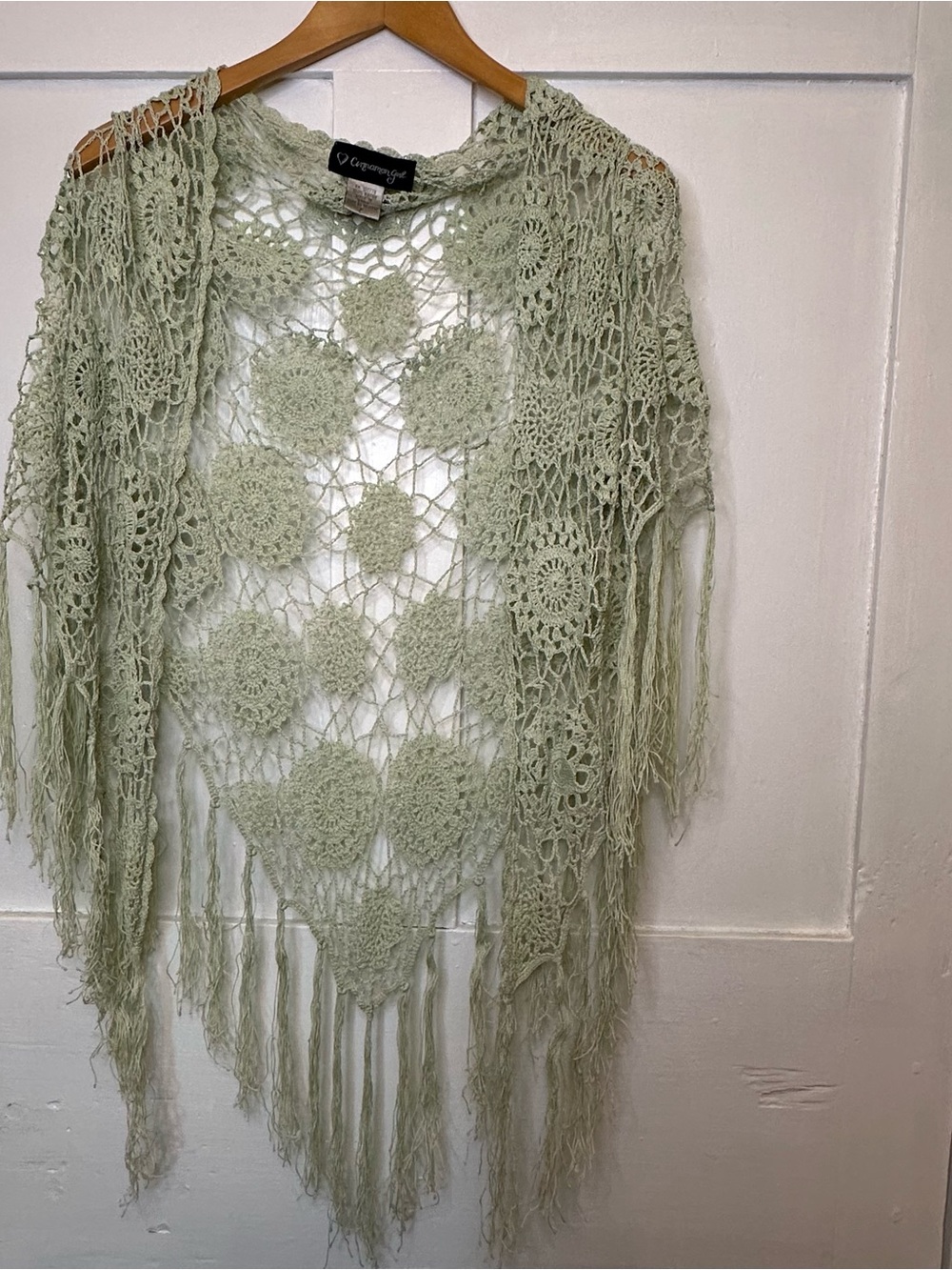 Crochet Fringe Shawl Wrap in Minty Light Sage Green
